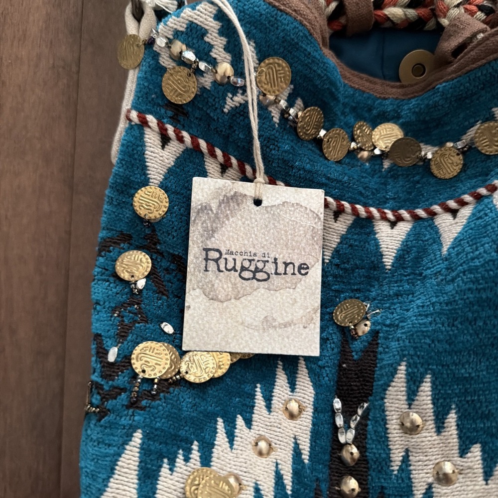 Ruggine Handwoven Coin Pendant Tassel Boho Tribal Print Bucket Bag Blue - Picture 2 of 5